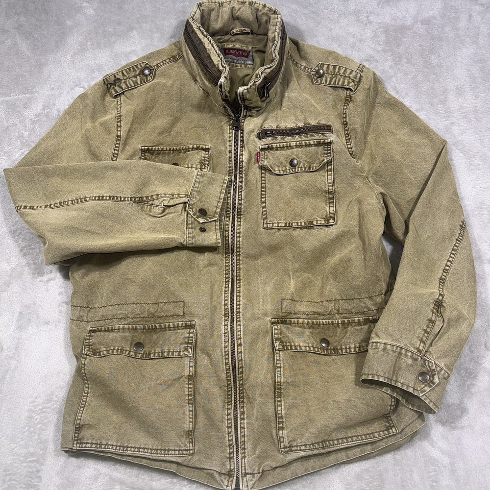 Levi's Field Jacket Canvas Mens XL Olive Military Lined Zip Snap Utility Hood